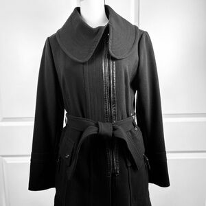 RUD By RUDSAK Asymmetrical Black Leather Trim Belted Trench Pea Coat Jacket Zip